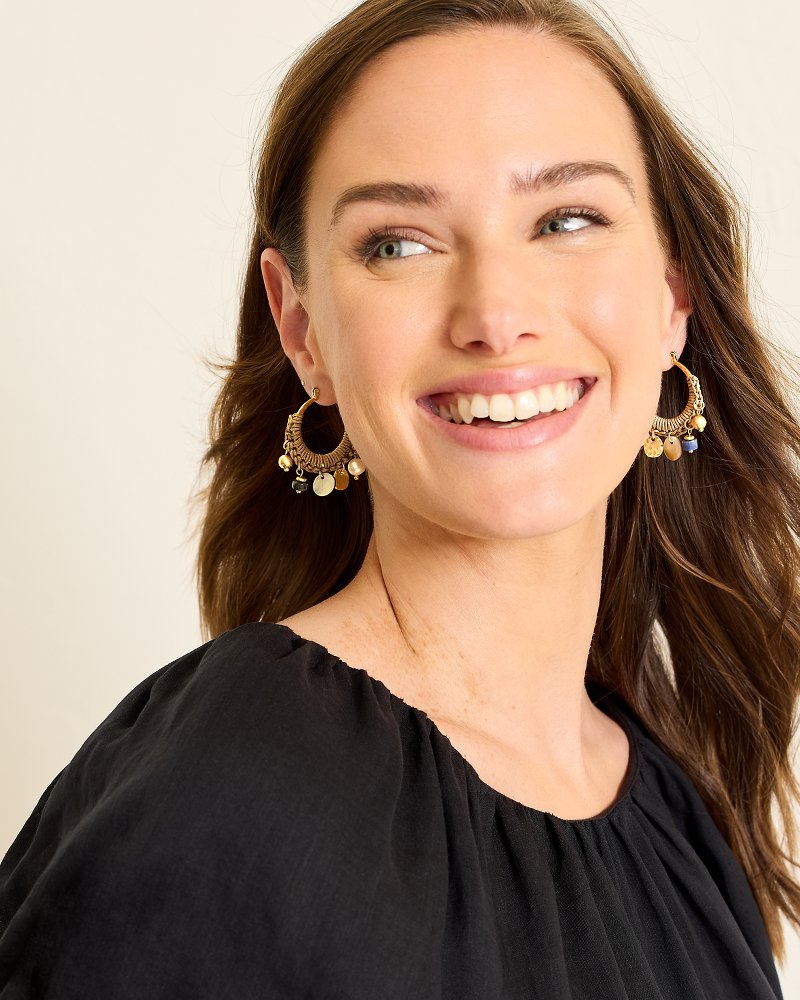 Indigo Shore Mixed Materials Charm Hoop Earrings Gold | Tommy Bahama Smart Buy - Indigo Shore Mixed Materials Charm Hoop Earrings