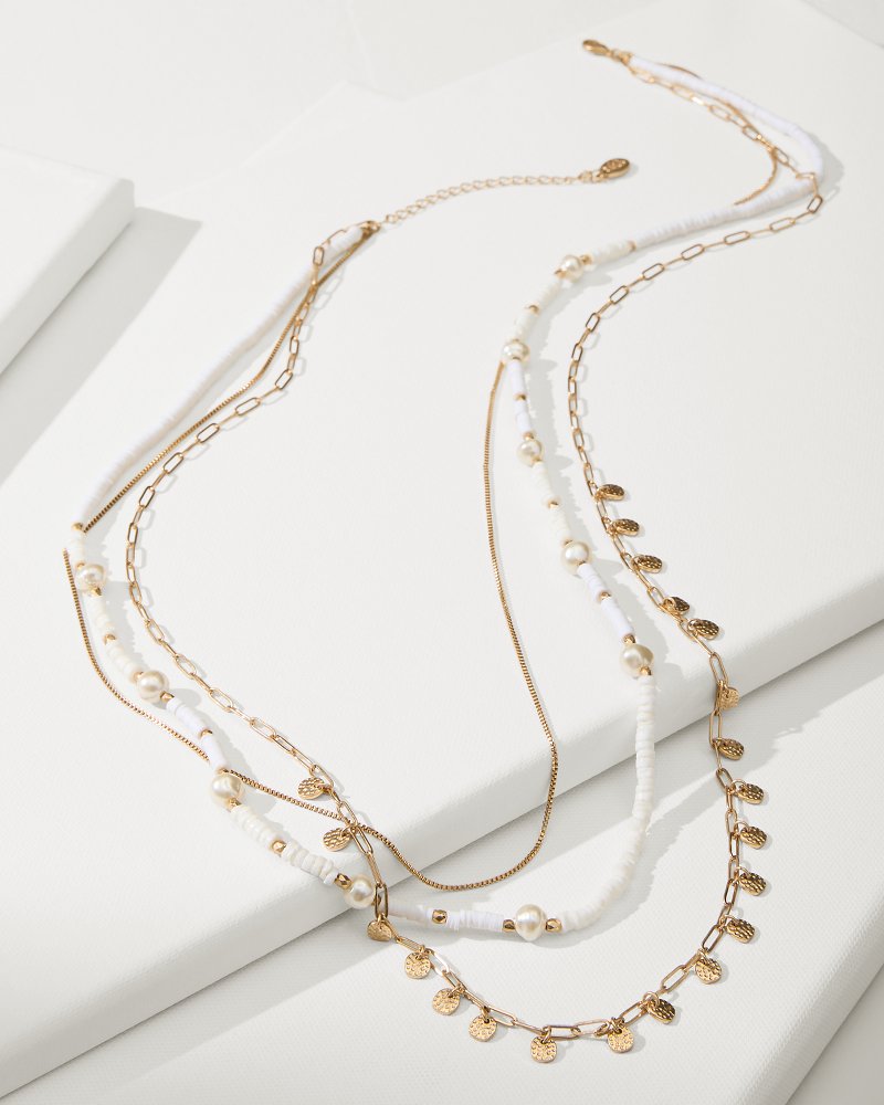 Indigo Bay Heishi & Pearl Layered Long Necklace White/Gold | Tommy Bahama Customer Favorite - Indigo Bay Heishi & Pearl Layered Long Necklace