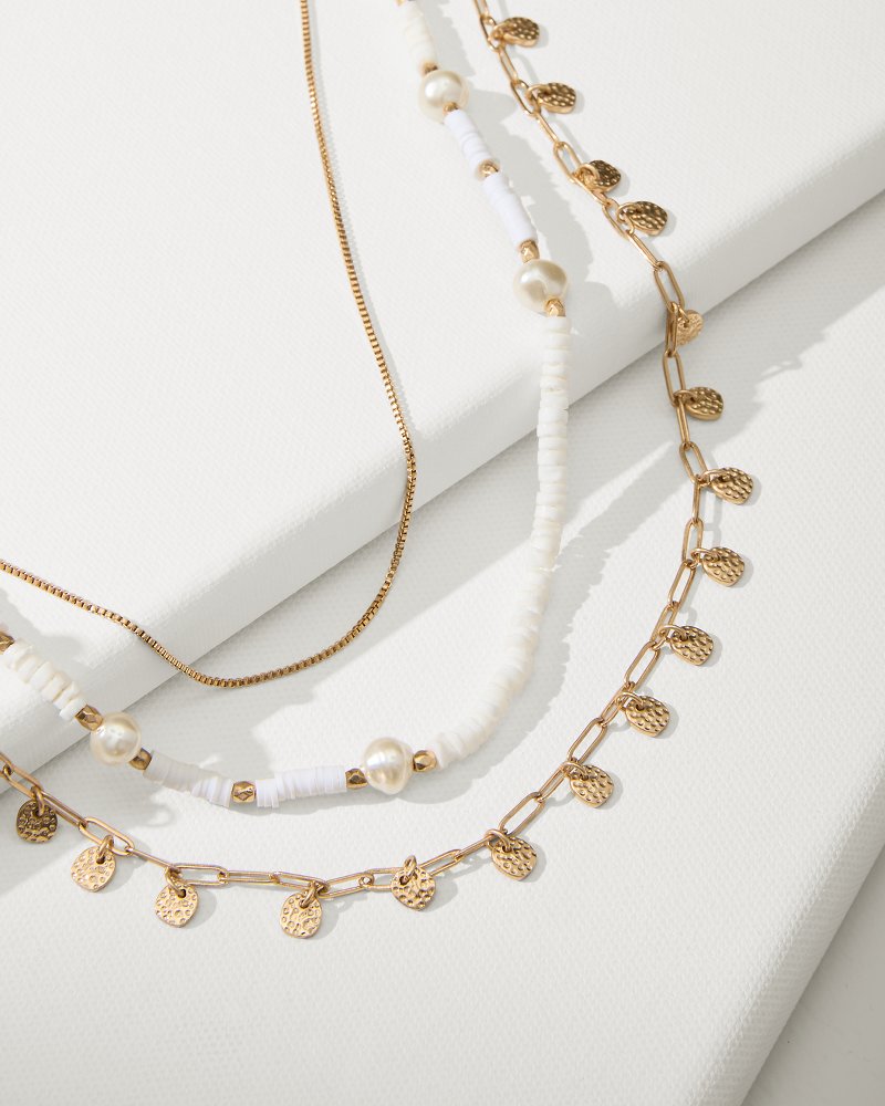 Indigo Bay Heishi & Pearl Layered Long Necklace White/Gold | Tommy Bahama Customer Favorite - Indigo Bay Heishi & Pearl Layered Long Necklace