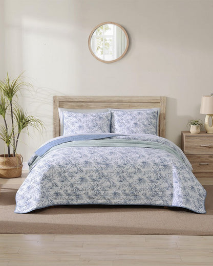 Pen and Ink Palm Reversible 2-Piece Twin Quilt Set Indigo | Tommy Bahama Quality - Pen and Ink Palm Reversible 2-Piece Twin Quilt Set