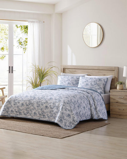 Pen and Ink Palm Reversible 2-Piece Twin Quilt Set Indigo | Tommy Bahama Quality - Pen and Ink Palm Reversible 2-Piece Twin Quilt Set