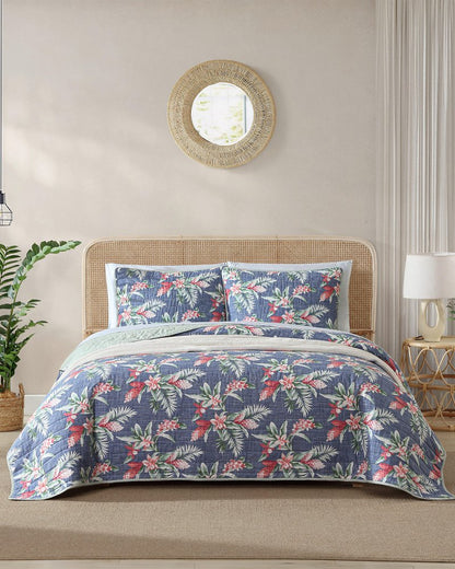 Floral Enchantment Reversible 3-Piece Full/Queen Quilt Set Deep Blue | Tommy Bahama Customer Favorite - Floral Enchantment Reversible 3-Piece Full/Queen Quilt Set