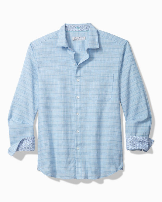 Barbados Breeze Playa Plaid Stretch-Linen Long-Sleeve Shirt Aqua Ice | Tommy Bahama Essential - Barbados Breeze Playa Plaid Stretch-Linen Long-Sleeve Shirt