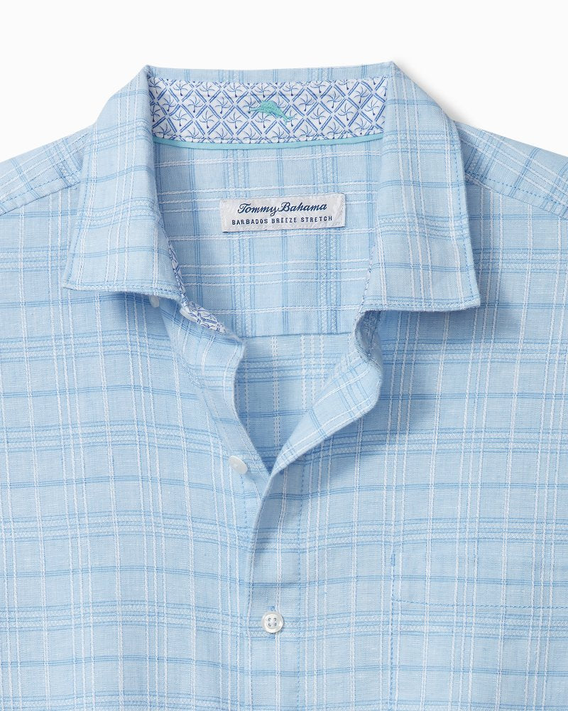 Barbados Breeze Playa Plaid Stretch-Linen Long-Sleeve Shirt Aqua Ice | Tommy Bahama Essential - Barbados Breeze Playa Plaid Stretch-Linen Long-Sleeve Shirt