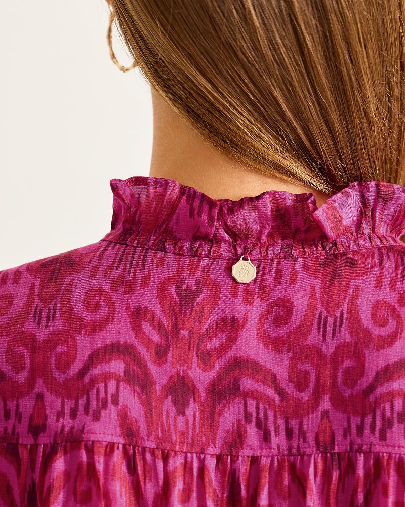 Seaside Ikat Long-Sleeve Ruffle-Neck Top Pink Papaya | Tommy Bahama Great Value - Seaside Ikat Long-Sleeve Ruffle-Neck Top