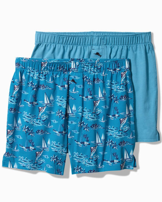 Cotton Knit Marlin Print Boxers — 2-Pack Slate Teal | Tommy Bahama Customer Favorite - Cotton Knit Marlin Print Boxers — 2-Pack