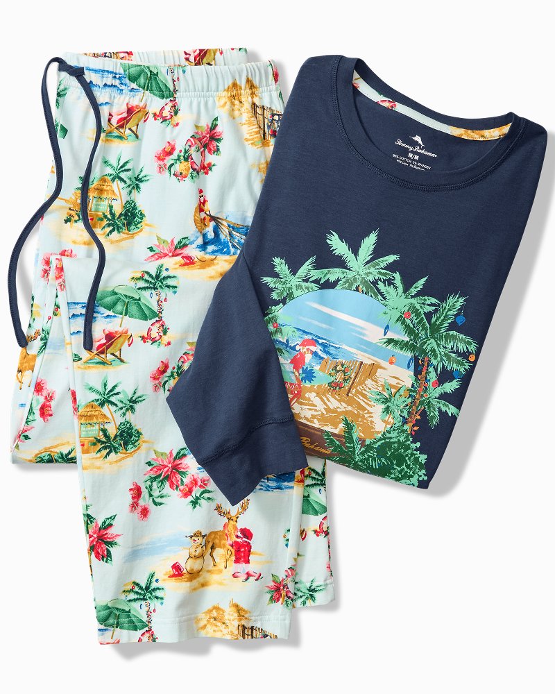 Big & Tall Holiday Santa Long Sleeve & Pants Pajama Set Aqua Ice | Tommy Bahama Value - Big & Tall Holiday Santa Long Sleeve & Pants Pajama Set