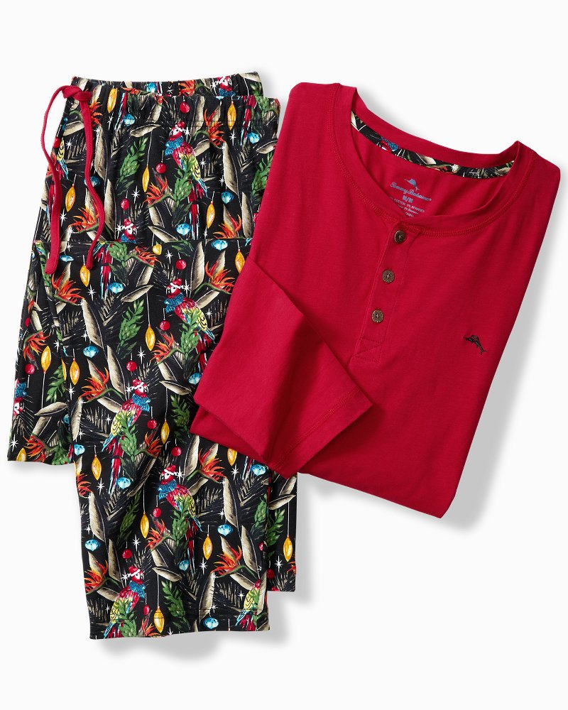 Holiday Parrot Henley & Pants Pajama Set Poinsettia Red | Tommy Bahama Recommended - Holiday Parrot Henley & Pants Pajama Set
