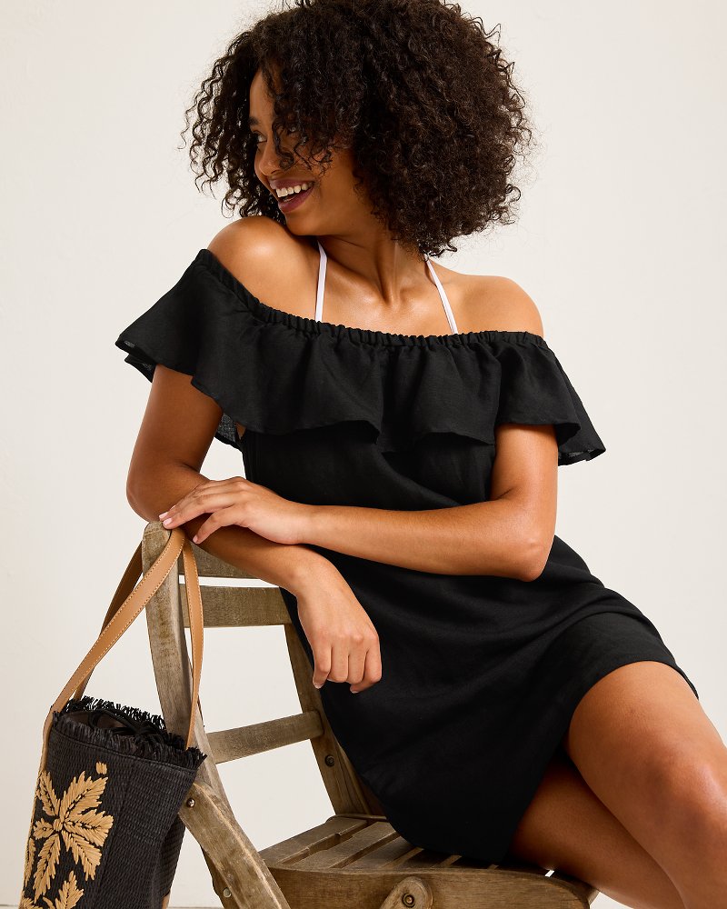 St. Lucia Linen-Blend Off-the-Shoulder Coverup Dress Black | Tommy Bahama Hot Sale - St. Lucia Linen-Blend Off-the-Shoulder Coverup Dress